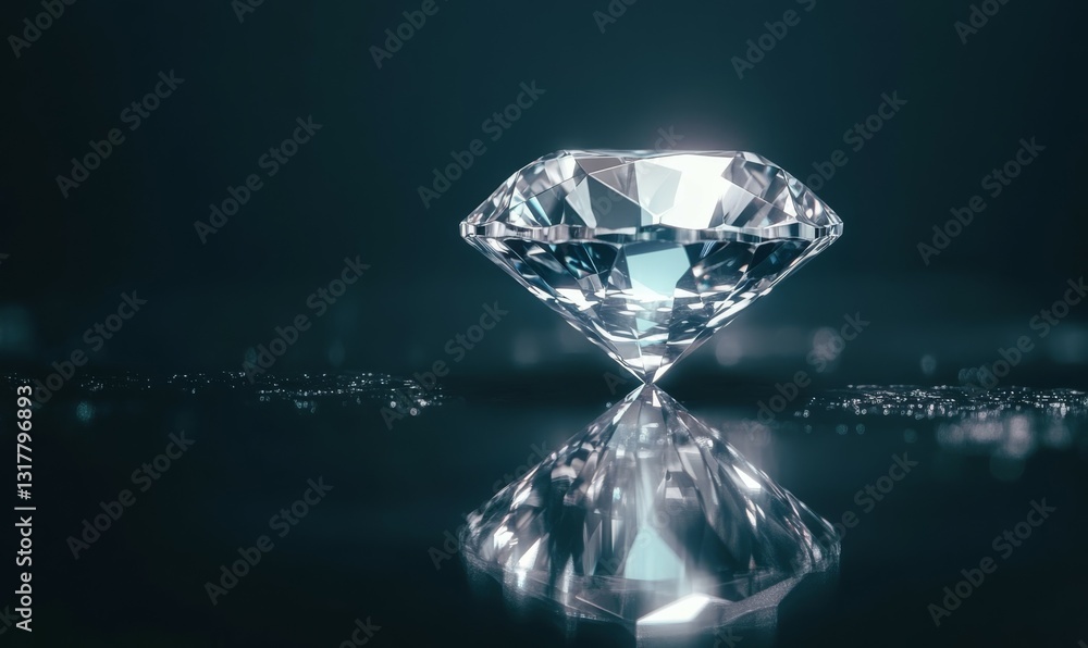 Sparkling diamond reflecting on a dark, glossy surface, glowing brilliantly. Sparkling diamond reflecting on a dark, glossy surface, glowing brilliantly.