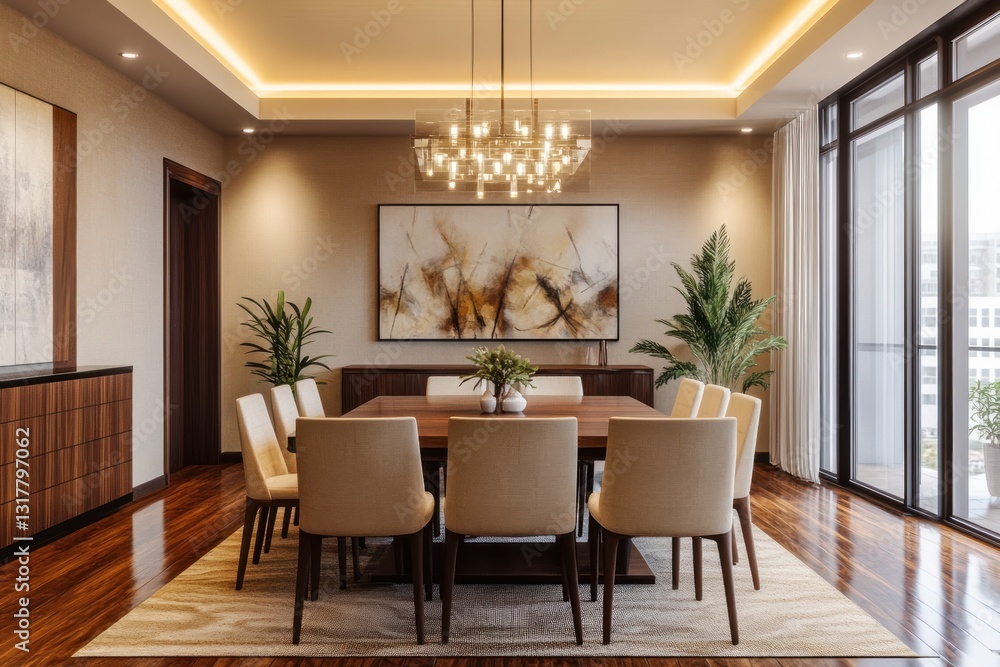 Fototapeta premium Elegant Dining Room with Modern Art and Luxurious Lighting