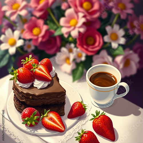 Illustrationof A delicious chocolate cake with fresh strawberri, chocolate cake and coffee