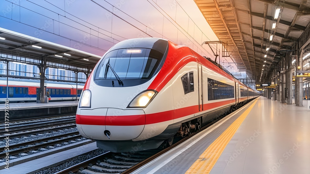Fototapeta premium Modern High-Speed Train at Station Sunset - Transportation & trave.