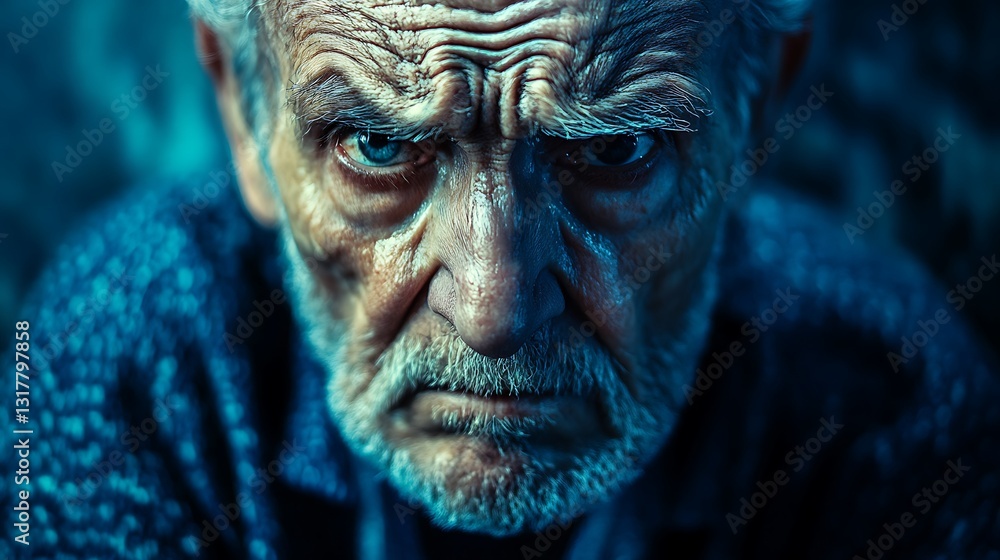 Intense Senior Man's Portrait with Deep Facial Lines and Piercing Gaze Intense Senior Man's Portrait with Deep Facial Lines and Piercing Gaze