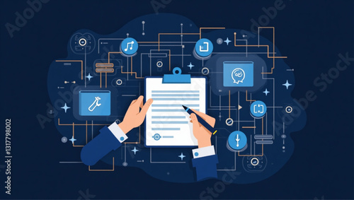 Digital Smart Contract Electronic Signature Secure Agreement Technology Blockchain Fintech Innovation Global Business Transaction and Workflow Automation Vector Graphic