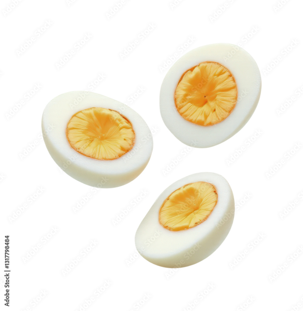 Fresh Sliced Hard-Boiled Eggs Showing Golden Yolks and White Albumen, Perfect Diagonal Cut Breakfast or Salad Ingredient, Isolated on Transparent and White Background Fresh Sliced Hard-Boiled Eggs Showing Golden Yolks and White Albumen, Perfect Diagonal Cut Breakfast or Salad Ingredient, Isolated on Transparent and White Background