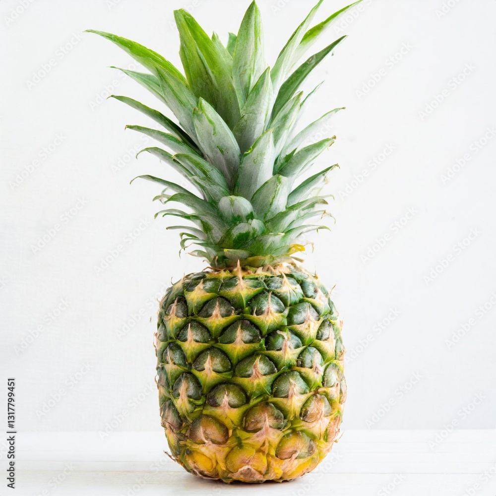 Fototapeta premium Single Ripe Pineapple with Fresh Green Leaves Isolated on White Background