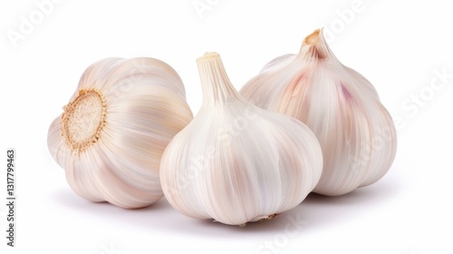 Fresh cloves of garlic, isolated on a white background, showcasing their natural texture and vibrant color.