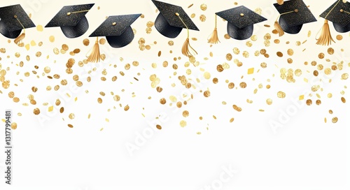 Graduation-themed design with black and gold caps, confetti, and balloons falling on a white background