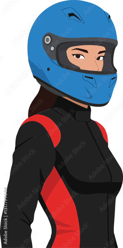 Female race car driver in a sleek black and red racing suit with a blue helmet showcasing confidence and readiness in a minimal vector illustration