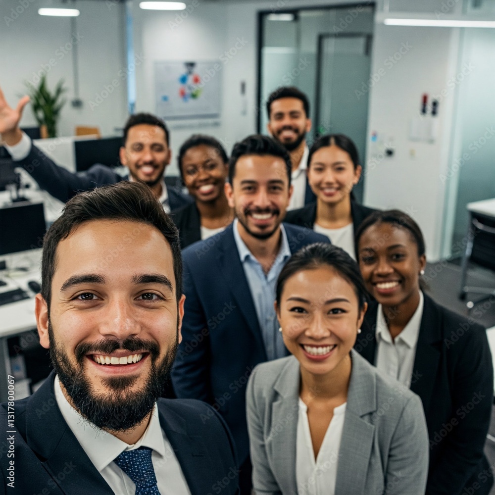 Fototapeta premium Professional Business Team Taking a Selfie at Work – Happy Colleagues in an Office Setting