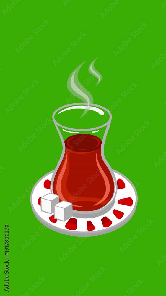 Animated hot Turkish tea cup design element. Isolated Turkish tea cup on green screen. Glass tea cup. Vector design element for graphic design. Traditional drink in Turkey. Animated hot Turkish tea cup design element. Isolated Turkish tea cup on green screen. Glass tea cup. Vector design element for graphic design. Traditional drink in Turkey.