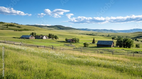 Ranch buildings in sunny valley, Montana. Peaceful landscape, idyllic rural scene