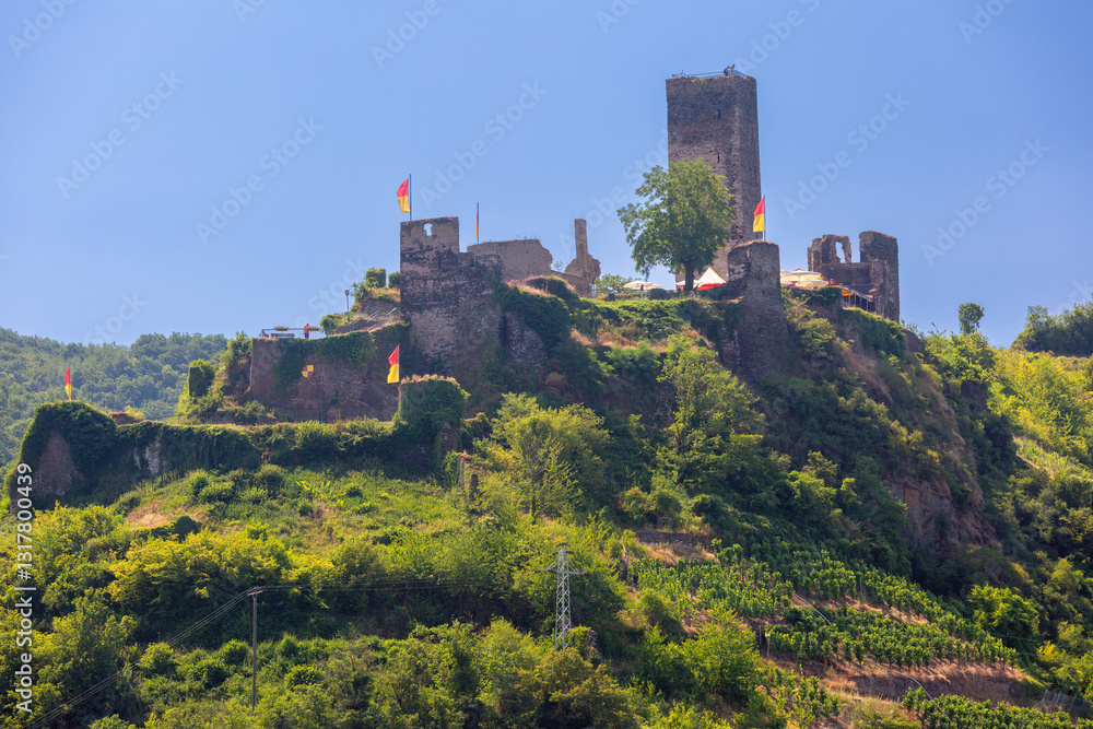 Ruins of Metternich Castle on a hill covered with greenery and vineyards in Beilstein, Germany