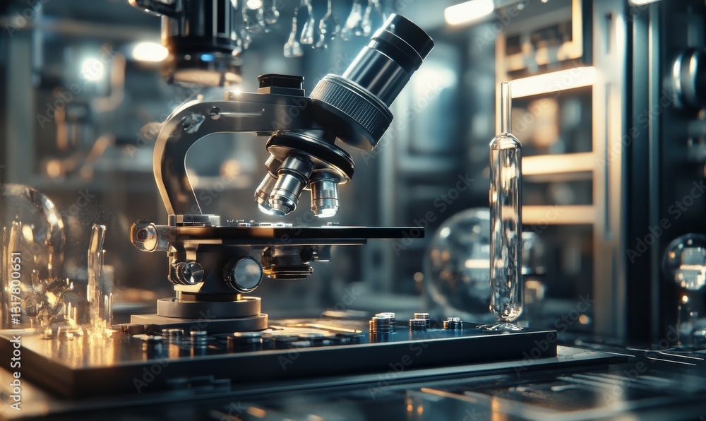 Genetic engineering concept. Microscope in abstract laboratory Genetic engineering concept. Microscope in abstract laboratory