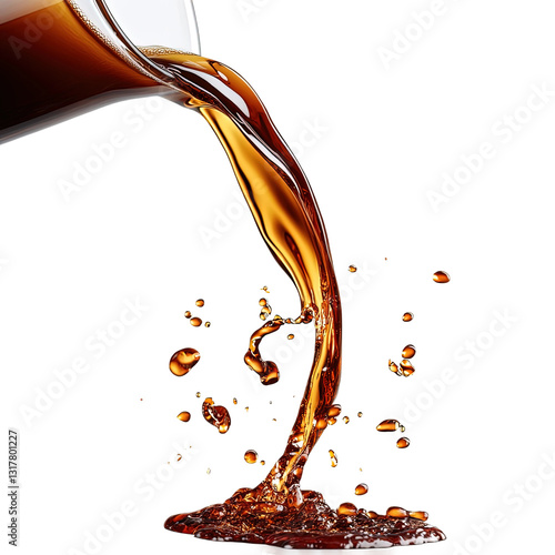 Glass of coffee is poured into a cup, creating a splash of liquid on transparent background