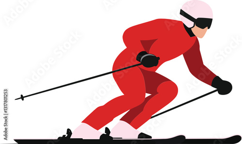 Dynamic skier in a vibrant red suit gracefully carving through fresh snow in a minimal flat design vector illustration