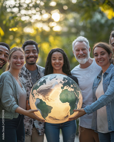 A group of diverse people holds a glowing Earth, symbolizing global peace and unity. Warm sunlight and friendly smiles highlight the atmosphere of harmony and friendship