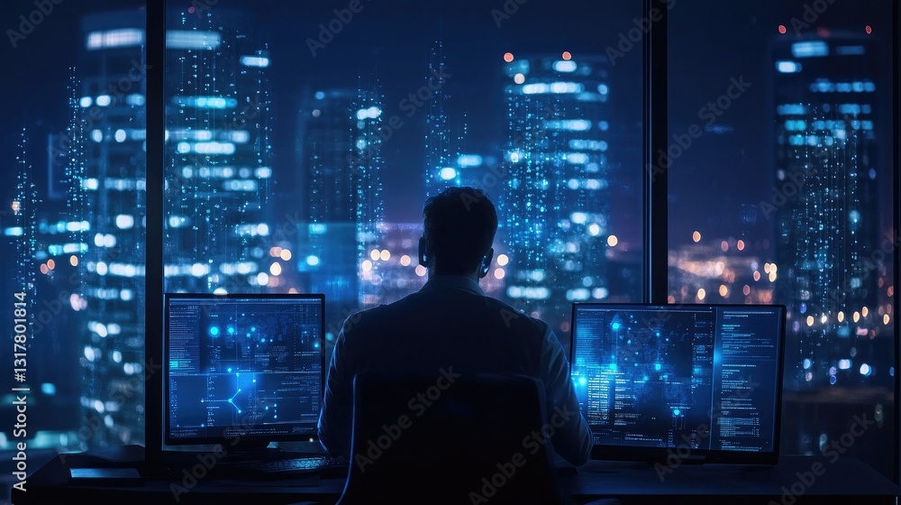 A person immersed in technology works in a dark room with dual computer screens, showcasing vibrant data overlays, while a luminous cityscape view adds a futuristic and urban dynamic. A person immersed in technology works in a dark room with dual computer screens, showcasing vibrant data overlays, while a luminous cityscape view adds a futuristic and urban dynamic.