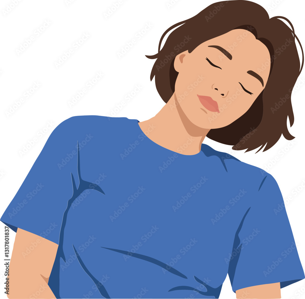 Young woman with short hair wearing a blue t-shirt, appearing relaxed and contemplative in a minimal flat vector illustration Young woman with short hair wearing a blue t-shirt, appearing relaxed and contemplative in a minimal flat vector illustration