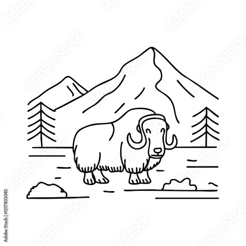 A muskox standing in a snowy tundra, thick fur ruffled