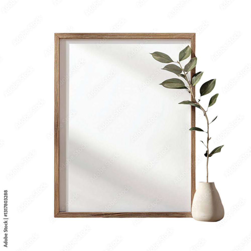 Blank wooden frame mockup with plant in vase minimalist design Blank wooden frame mockup with plant in vase minimalist design