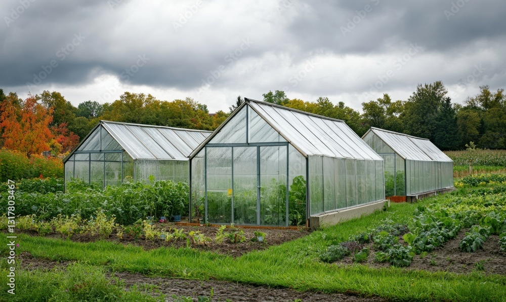 Greenhouses on a farm under overcast sky in a rural setting Greenhouses on a farm under overcast sky in a rural setting