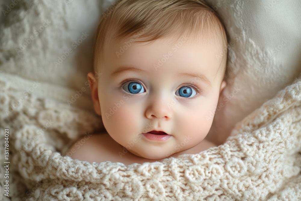 A baby sleeps peacefully, wrapped in a soft cream-colored knitted blanket on a textured white surface, highlighting warmth, innocence, and the serene beauty of early life in a cozy setting. A baby sleeps peacefully, wrapped in a soft cream-colored knitted blanket on a textured white surface, highlighting warmth, innocence, and the serene beauty of early life in a cozy setting.