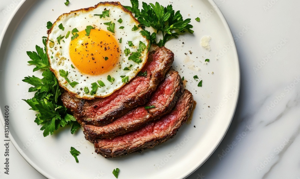 Grilled Steak with Fried Egg and Fresh Parsley on White Plate Grilled Steak with Fried Egg and Fresh Parsley on White Plate