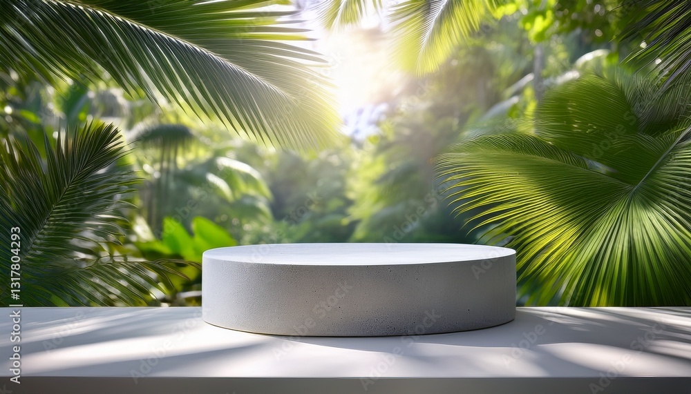 Obraz premium Minimalist concrete product display in a lush tropical garden 