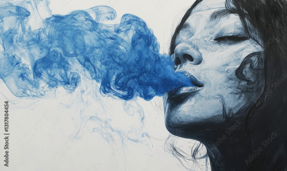Fototapeta premium Woman Exhaling Blue Smoke
