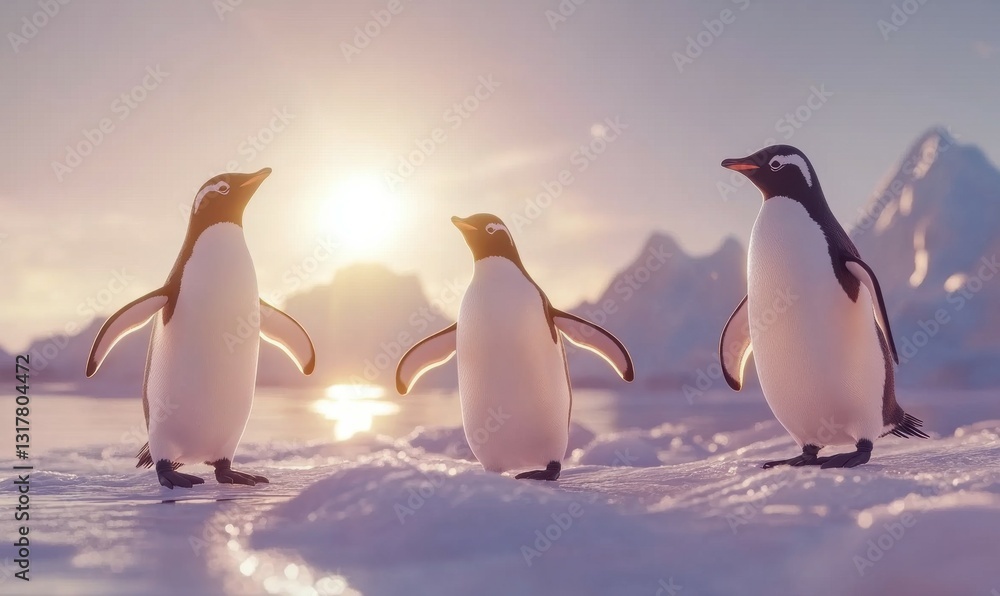 Obraz premium Group of penguins waddling on icy terrain under a brilliant Antarctic sun, dramatic glaciers in the background, lively wildlife scene,