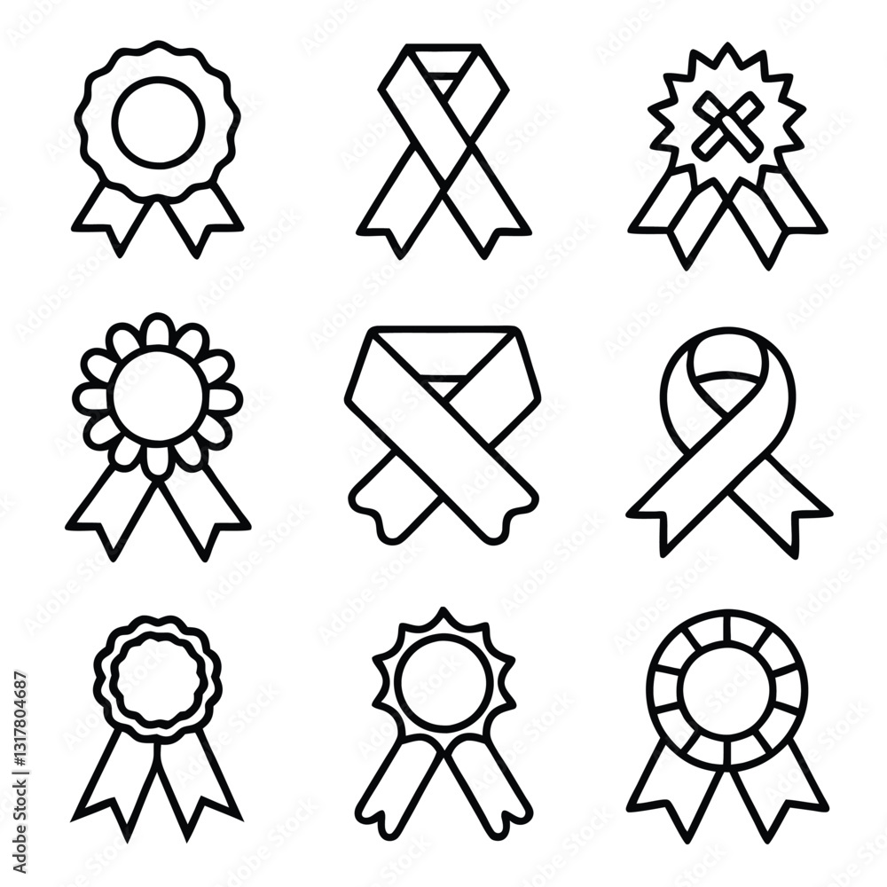Simple Line Art Ribbons and Rosettes for Award or Recognition Icons. Certified, Approved and Medal Icon Set Vector Design.
Simple Line Art Ribbons and Rosettes for Award or Recognition Icons. Certified, Approved and Medal Icon Set Vector Design.