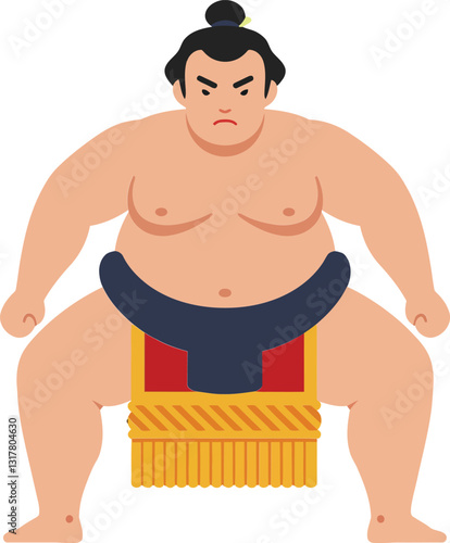 A focused sumo wrestler in a traditional stance wearing a black mawashi on a straw mat in flat vector art