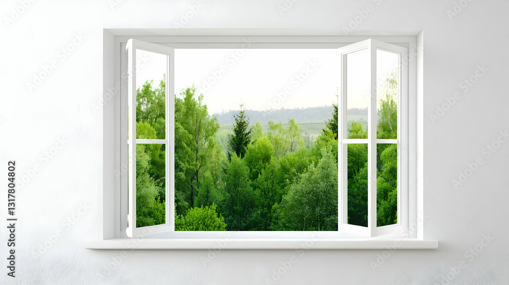 Fototapeta premium Open White Window Frame Showcasing Bright Green Trees and Lush Landscape with Fresh Air in a Serene Nature View