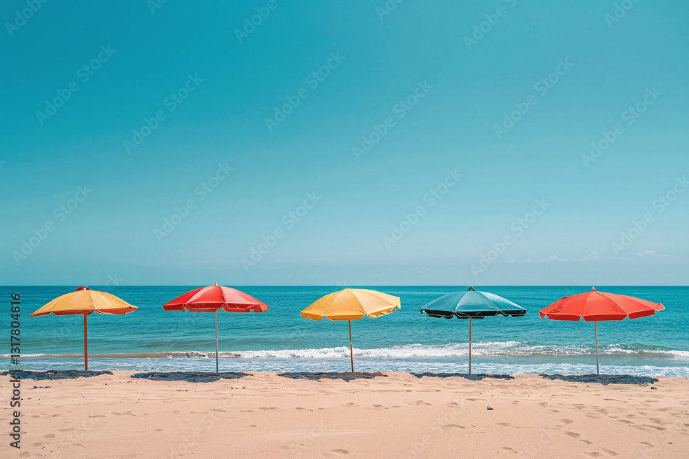 Beautiful Beach with Vibrant Umbrellas and Clear Blue Sky Beautiful Beach with Vibrant Umbrellas and Clear Blue Sky