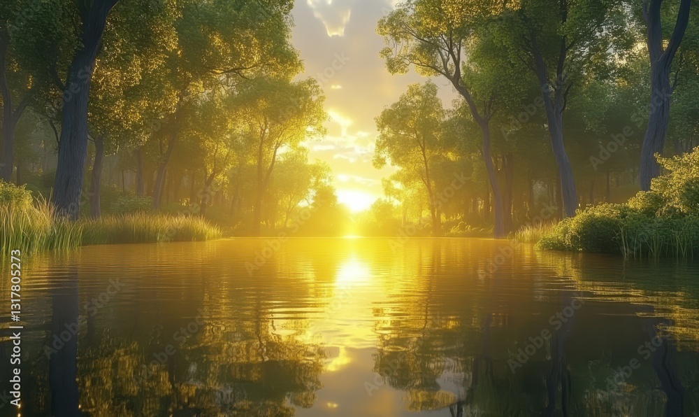 Fototapeta premium Calm lake surrounded by dense forest, golden sunset reflecting on the water's surface creating a peaceful natural retrea