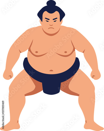 Sumo wrestler in a traditional stance, showcasing strength and focus, flat design vector art