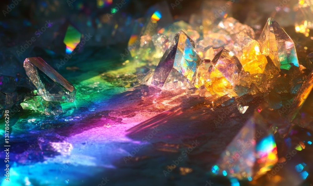 Sparkling crystal refracts light creating vibrant rainbow colors on a surface Sparkling crystal refracts light creating vibrant rainbow colors on a surface