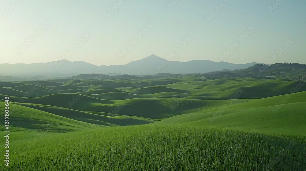 Fototapeta premium Rolling green hills stretch towards misty mountains under a soft hazy sky A peaceful verdant landscape.
