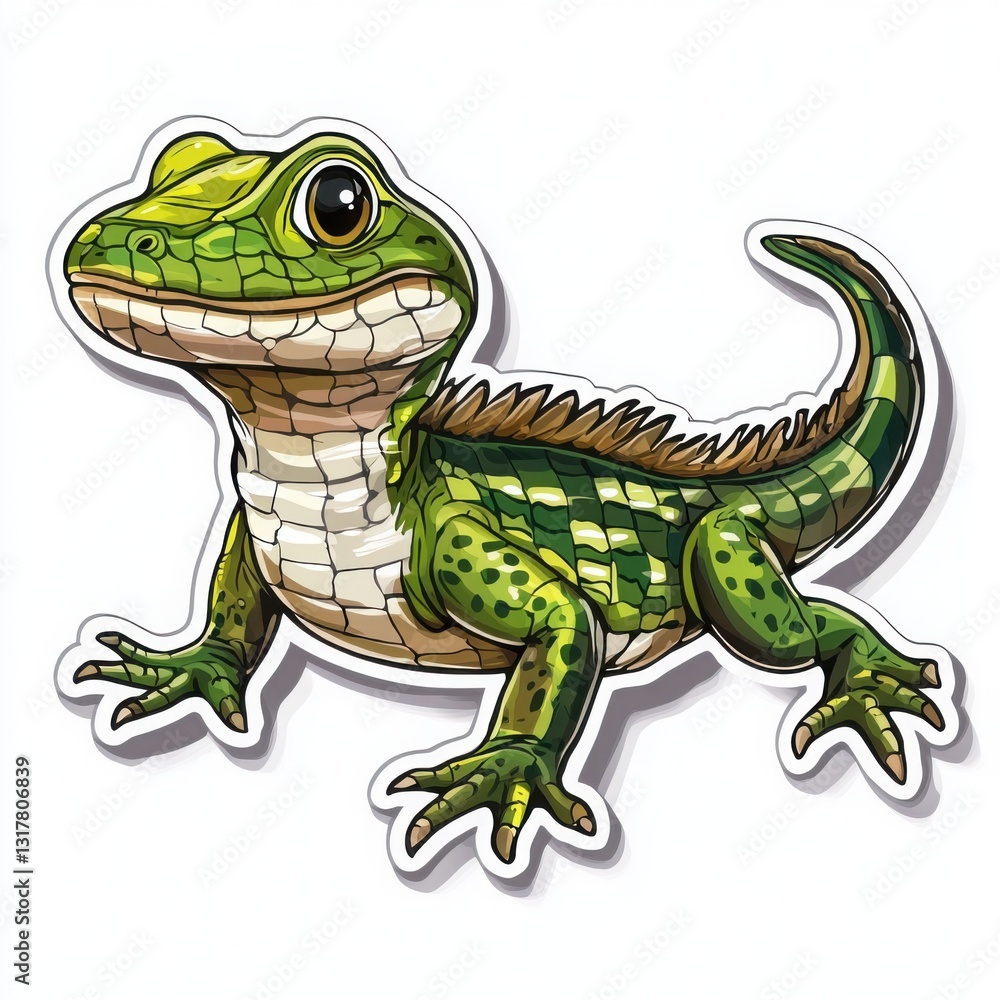 Obraz premium Adorable cartoon lizard, vibrant green and brown scales, perched playfully. A fun, whimsical illustration.