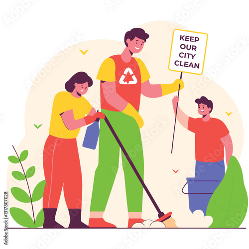 Volunteers cleaning up city streets for a cleaner environment. Clean city vector illustration