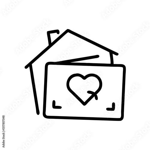 Line art illustration of a housewarming card with a heart on it alongside a house