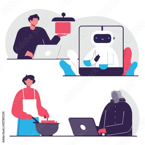 Robots and Chefs Cooking Together. A young male Caucasian character cooking in the kitchen together with a robotic hand, modern lifestyle
