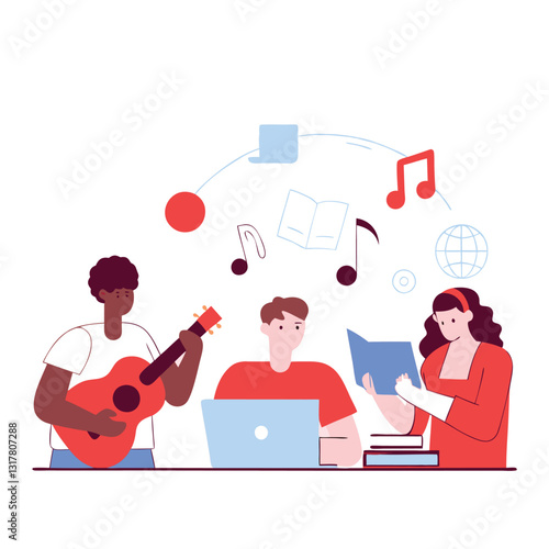 Diverse Group Engaging in Creative Collaboration vector illustration. Digital music creation concept.