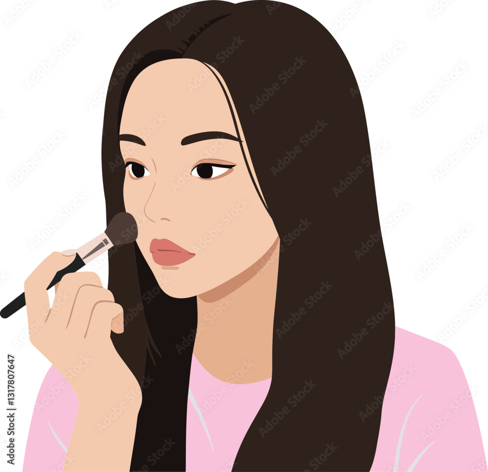 Young woman applying makeup with a brush in a flat, minimal style showcasing beauty and self-care vector illustration