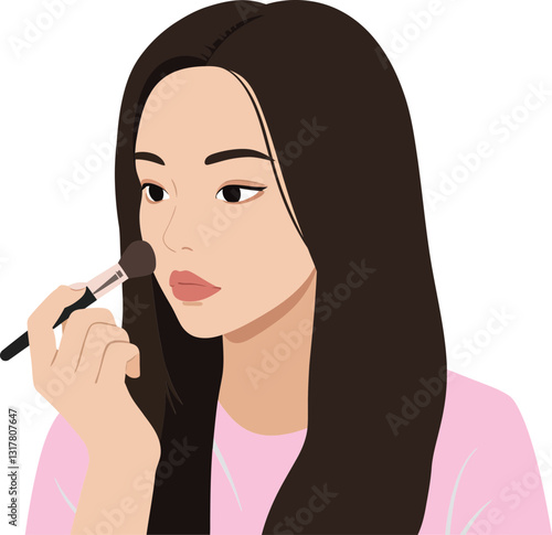 Obraz na płótnie Young woman applying makeup with a brush in a flat, minimal style showcasing beauty and self-care vector illustration w salonie