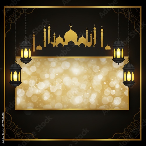 Elegant Golden Mosque Ramadan Background Design Festive Islamic Lantern Lights Celebration Art Arab 