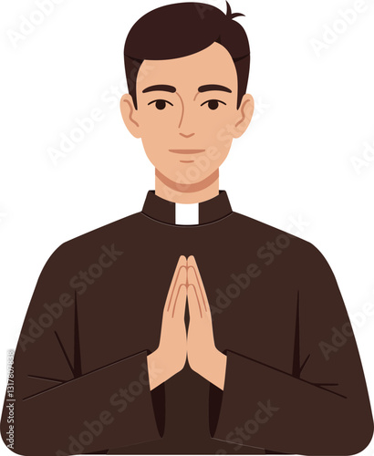 A young male priest with folded hands in a brown robe showcasing a calm demeanor in a minimal flat vector illustration