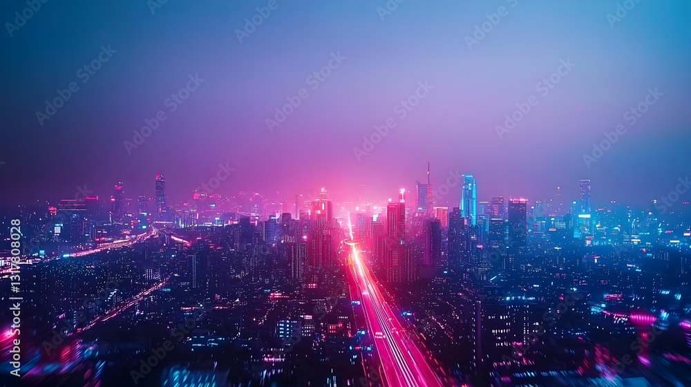 Obraz premium Aerial View Of Illuminated City With Long Road And Lights During Evening Blue And Purple Hues