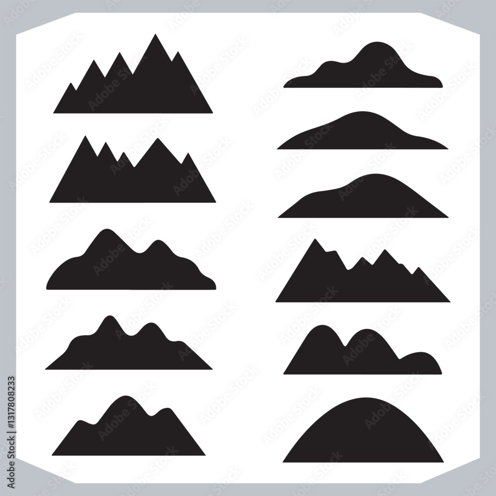 Black and White Mountain Icons Retro Hand Drawn Sketch Collection