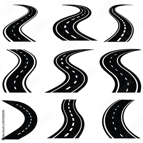 Vector road icons set. Bending road, highway or roadway vector illustration. Collection of winding road design elements with white markings.