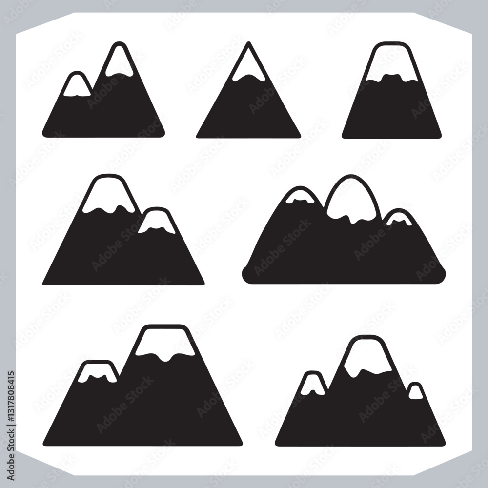 Black and White Mountain Icons Retro Hand Drawn Sketch Collection